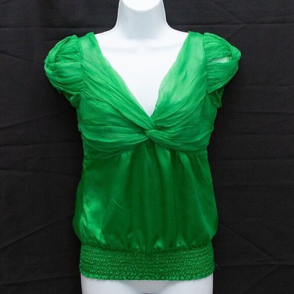 Bebe Vintage Y2K Trendy Green Satin V Neck Short Sleeve Top XS Elastic Waist - Picture 2 of 6
